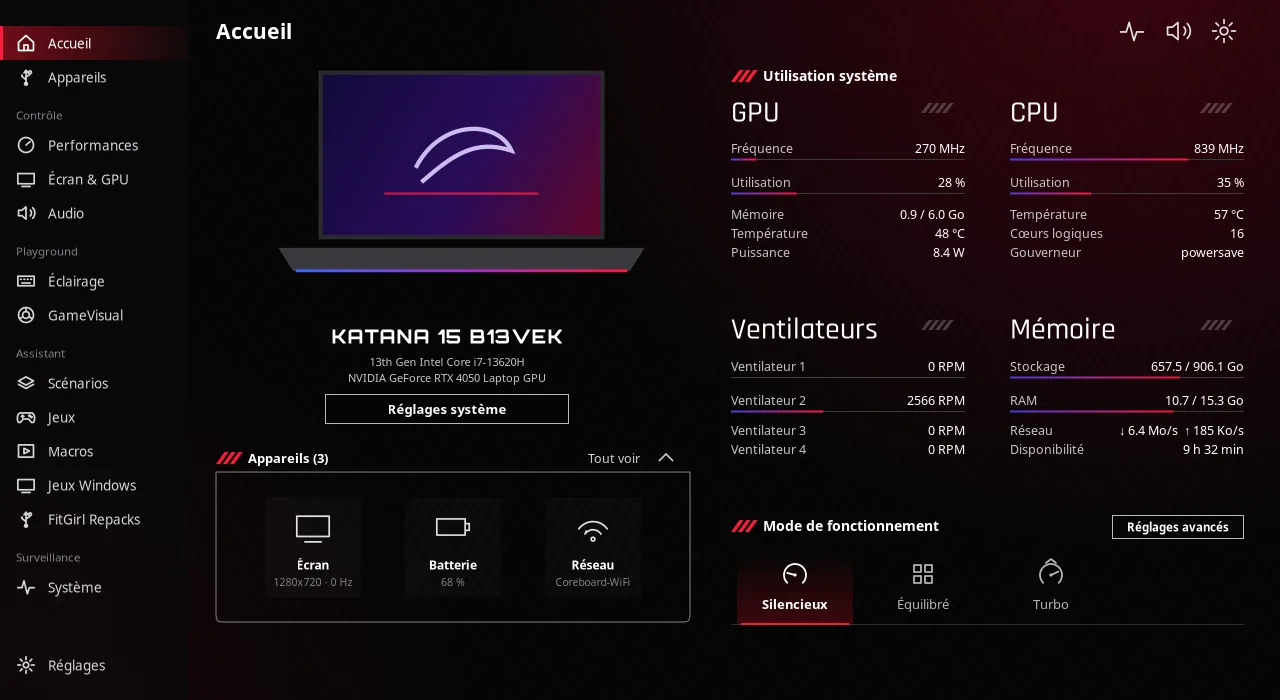 Accueil de Coreboard : photo de l'appareil, utilisation du GPU et du CPU, ventilateurs, mémoire et modes de fonctionnement Silencieux, Équilibré, Turbo