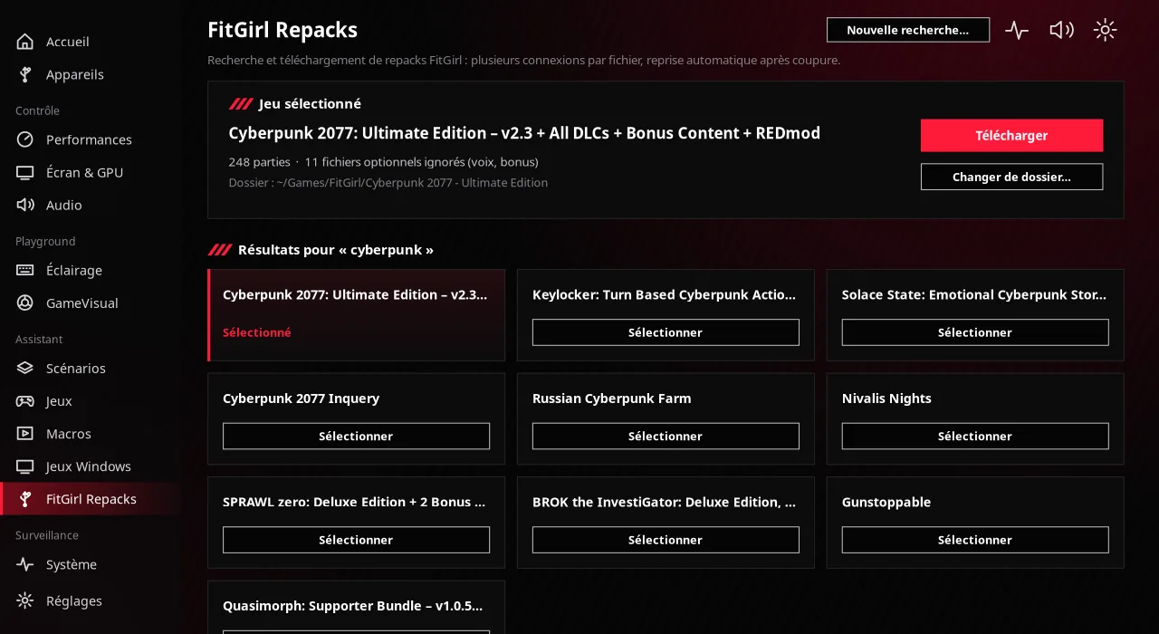 Page FitGirl Repacks de Coreboard : recherche, jeu sélectionné avec le nombre de parties, bouton Télécharger et choix du dossier
