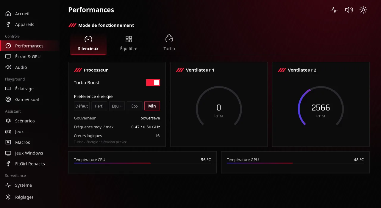 Page Performances de Coreboard : profil, Turbo Boost, préférence énergétique, ventilateurs et températures